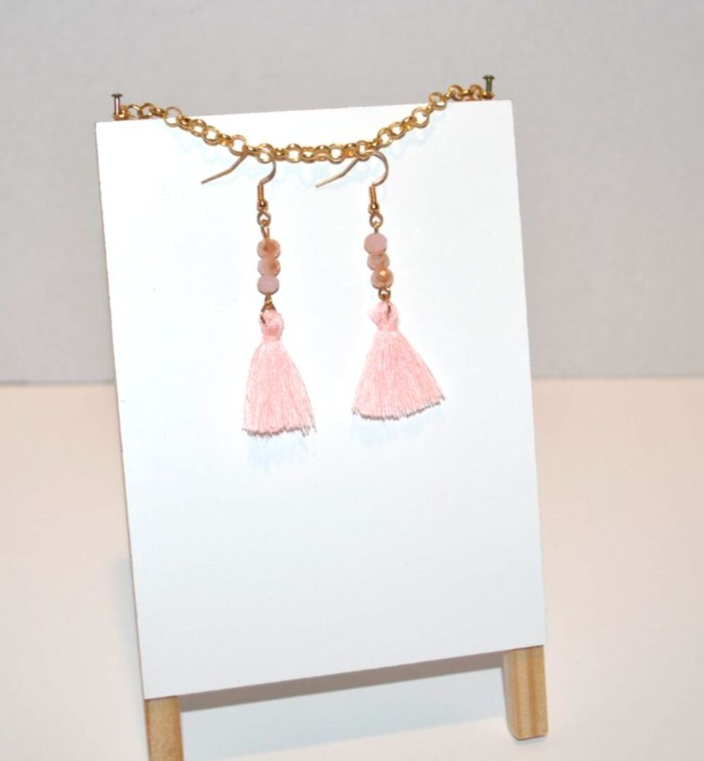 Gold-tone Drop Boho Gypsy earrings with Pink Crystals and Fringe Tassels